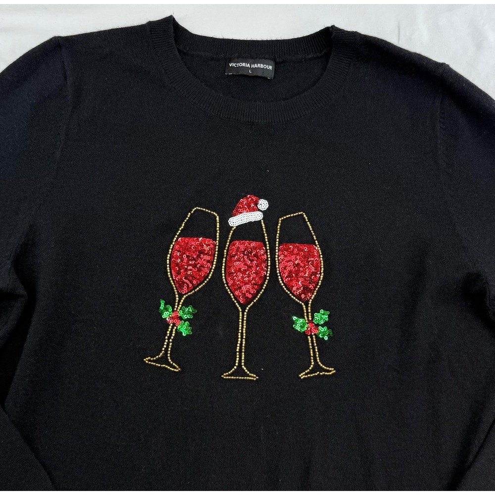 Victoria Harbour Womens Black Sequin Champagne Christmas Sweater Large Holiday